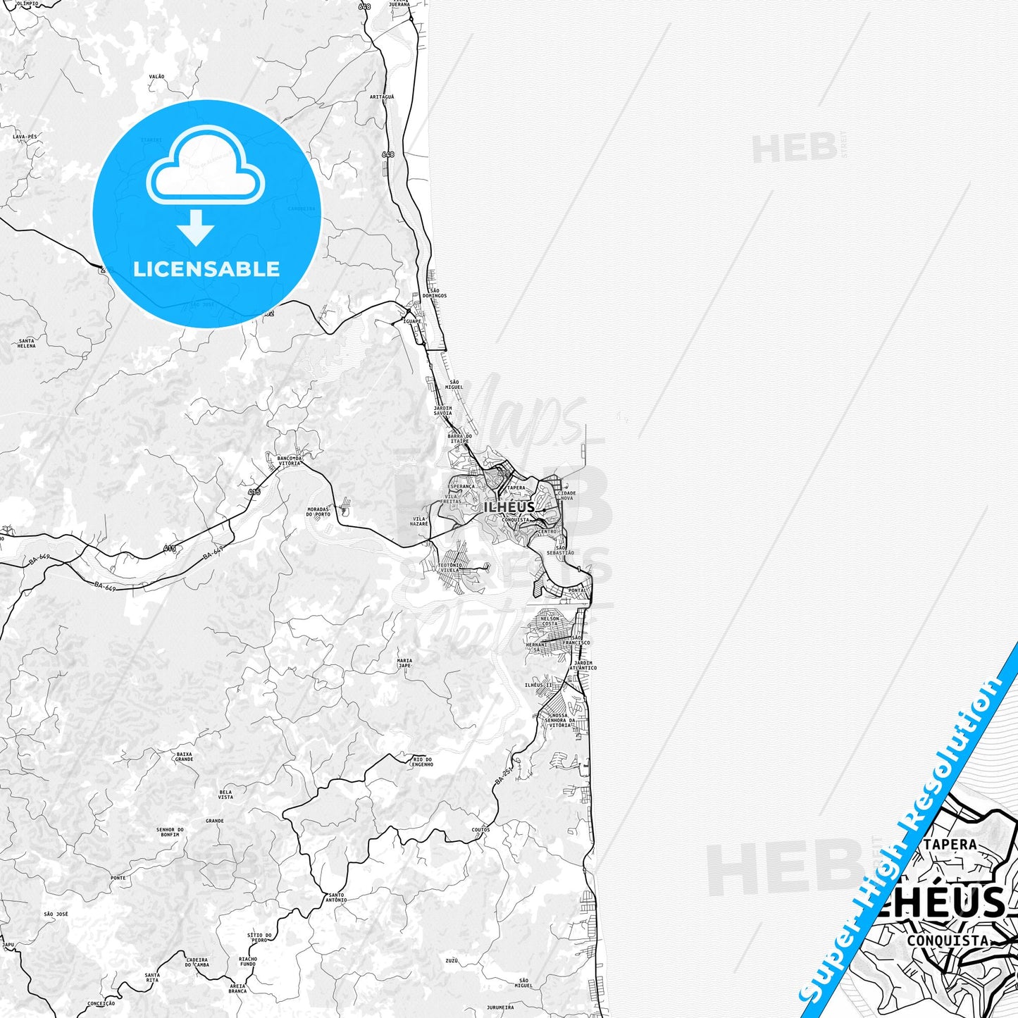 Ilheus, Brazil light map with streetnames, citynames and districts