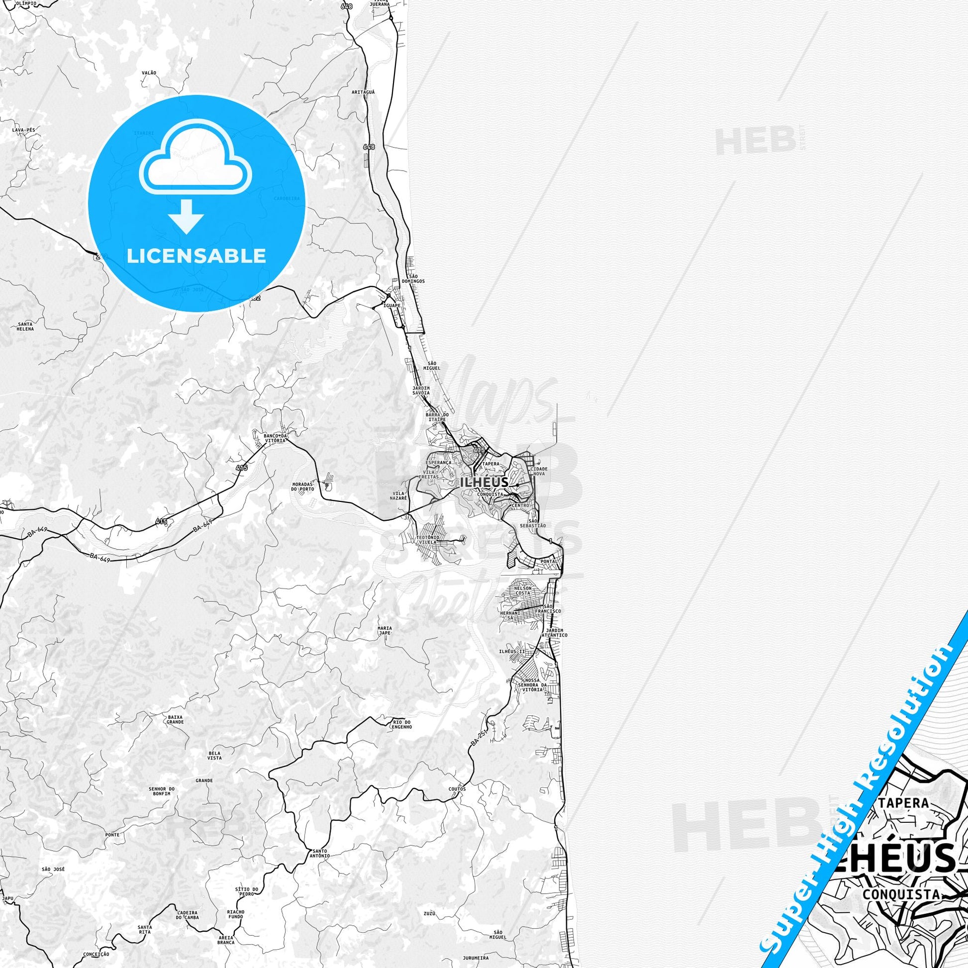 Ilheus, Brazil light map with streetnames, citynames and districts