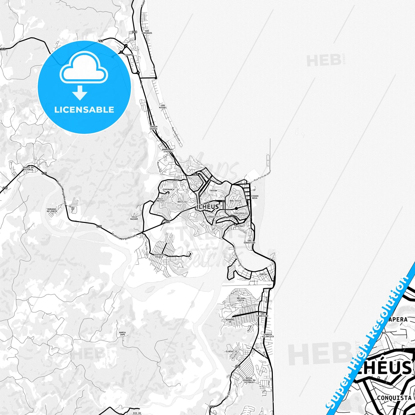 Ilheus, Brazil Light Map with Street Names, City Names, and Districts