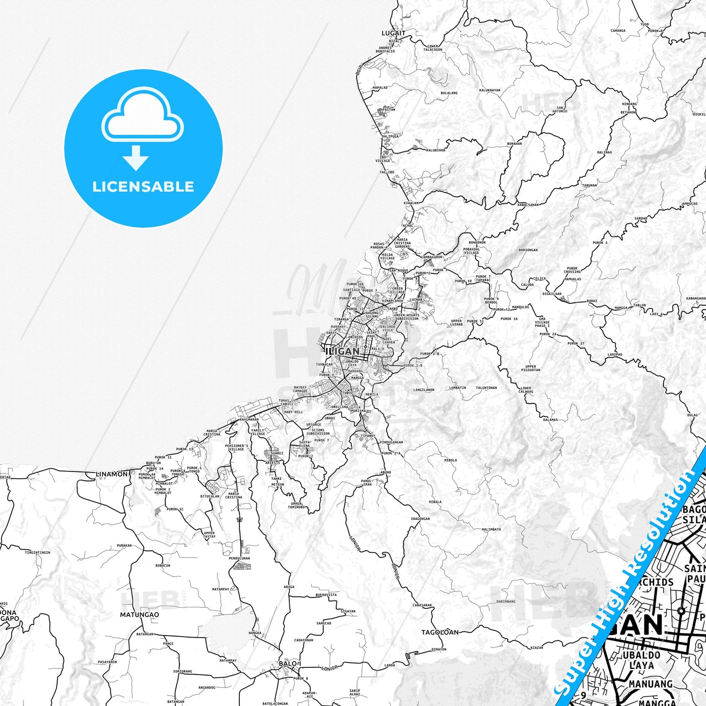 Iligan, Philippines light map with streetnames, citynames and districts