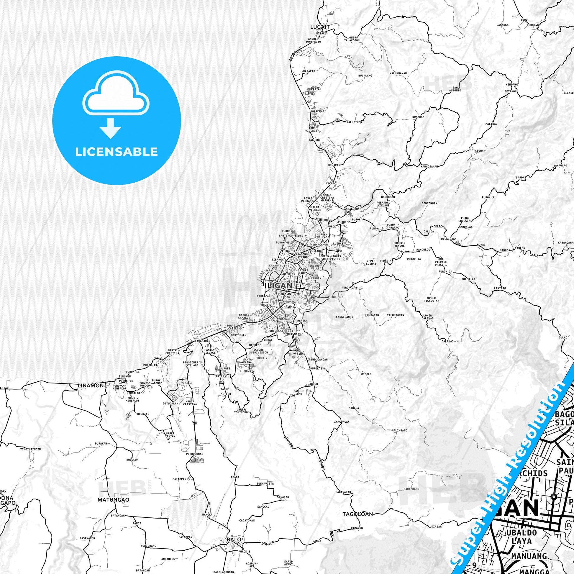 Iligan, Philippines light map with streetnames, citynames and districts