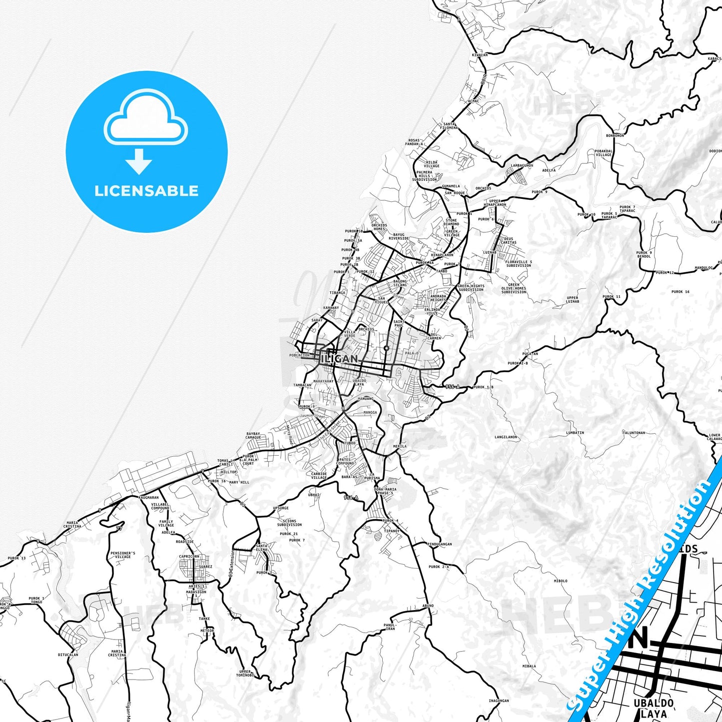 Iligan, Philippines Light Map with Street Names, City Names, and Districts