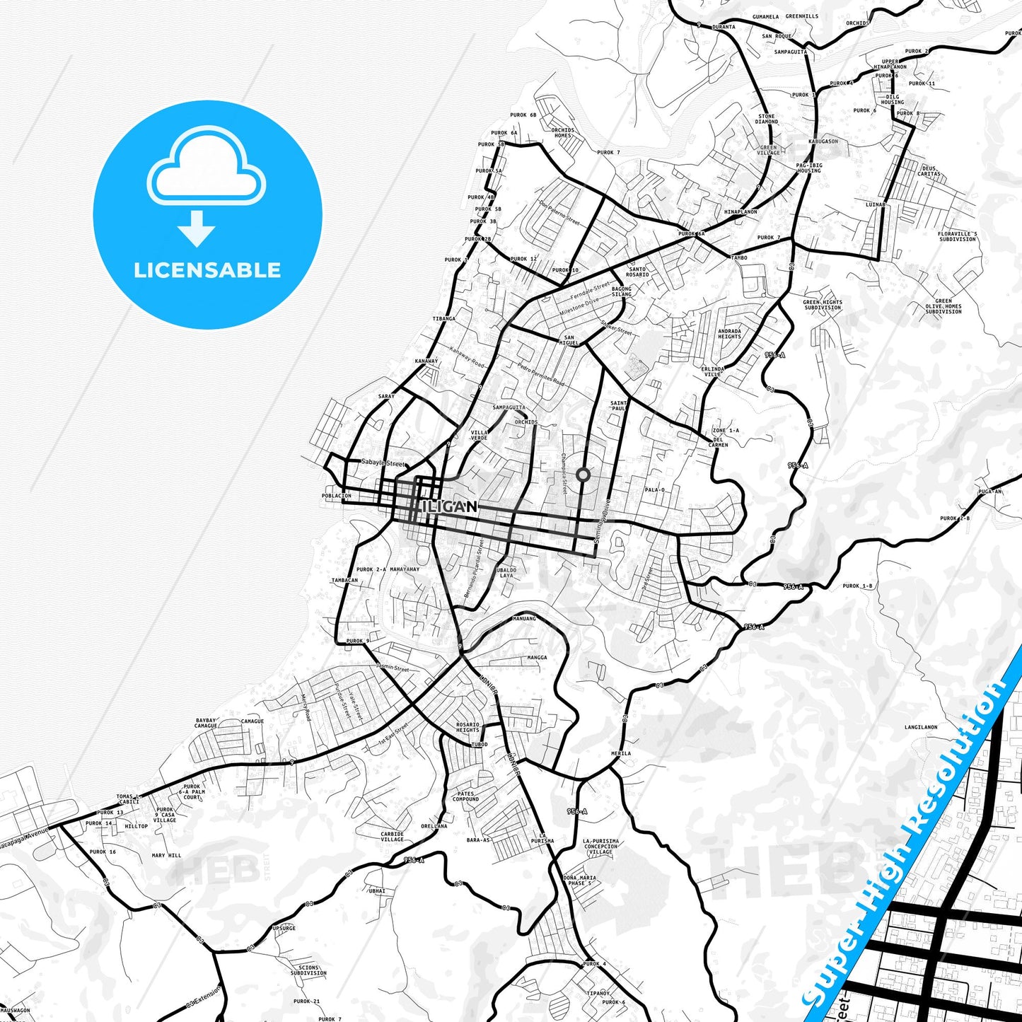 Iligan, Philippines Light Map with Street Names, City Names, and Districts