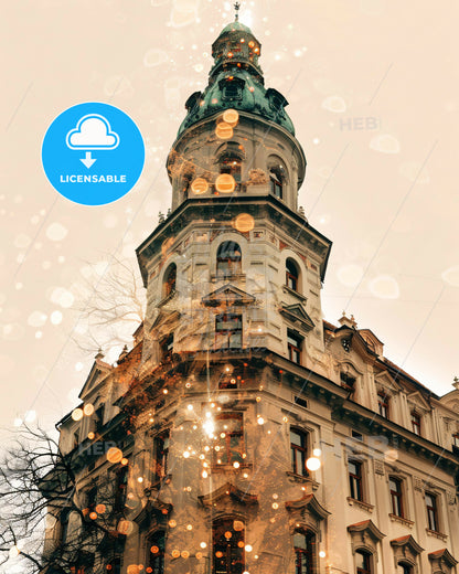 Žilina Cityscape: Double Exposure Art Deco - A building with a tower