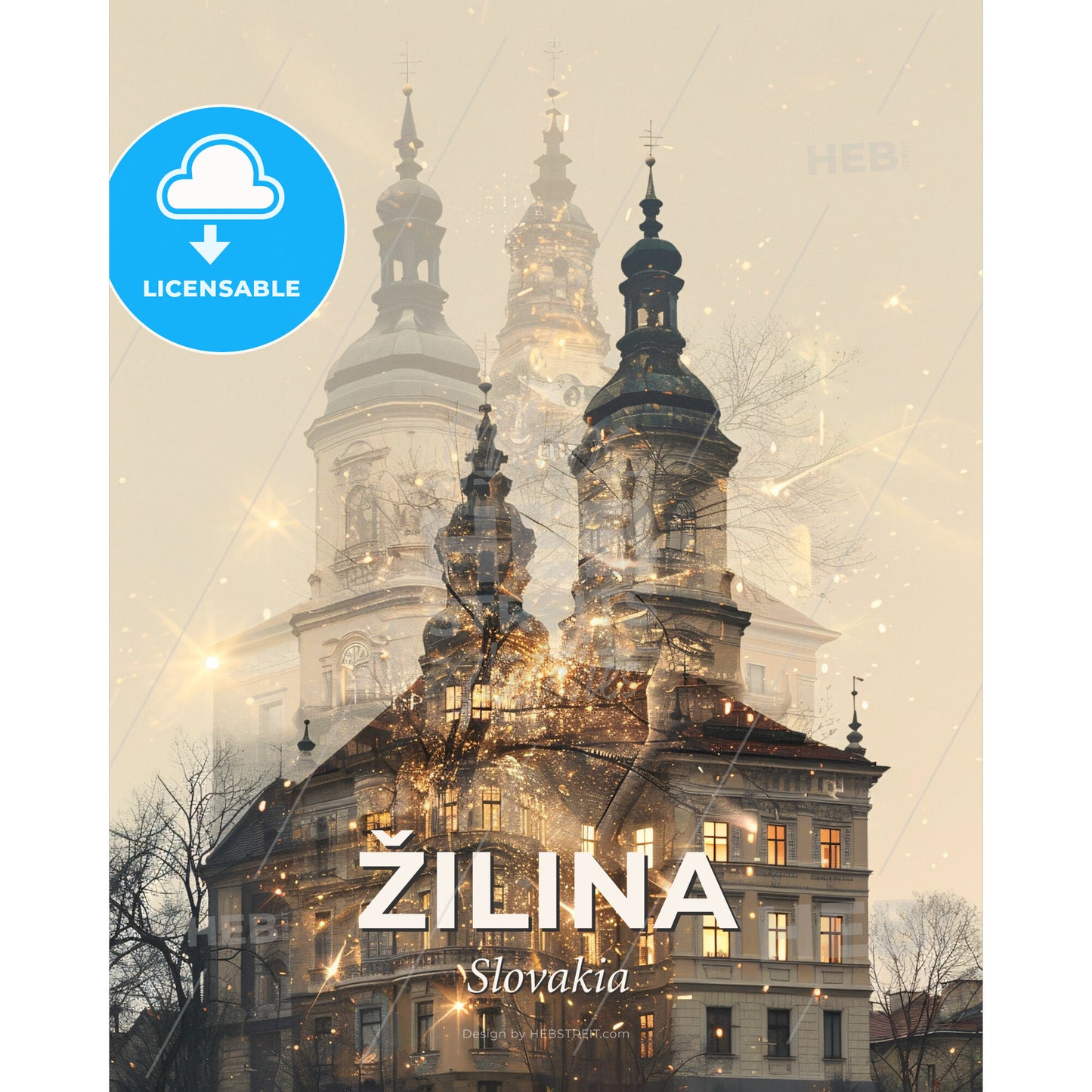 Zilina City Skyline Double Exposure Poster - A building with many towers - Square format print template