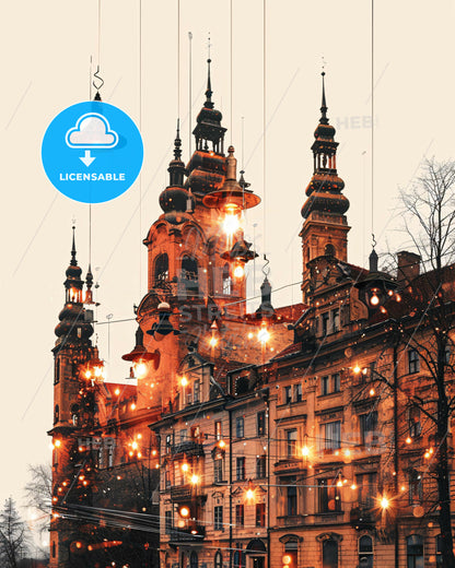 Žilina Cityscape Double Exposure Composite Art - A building with lights from the ceiling