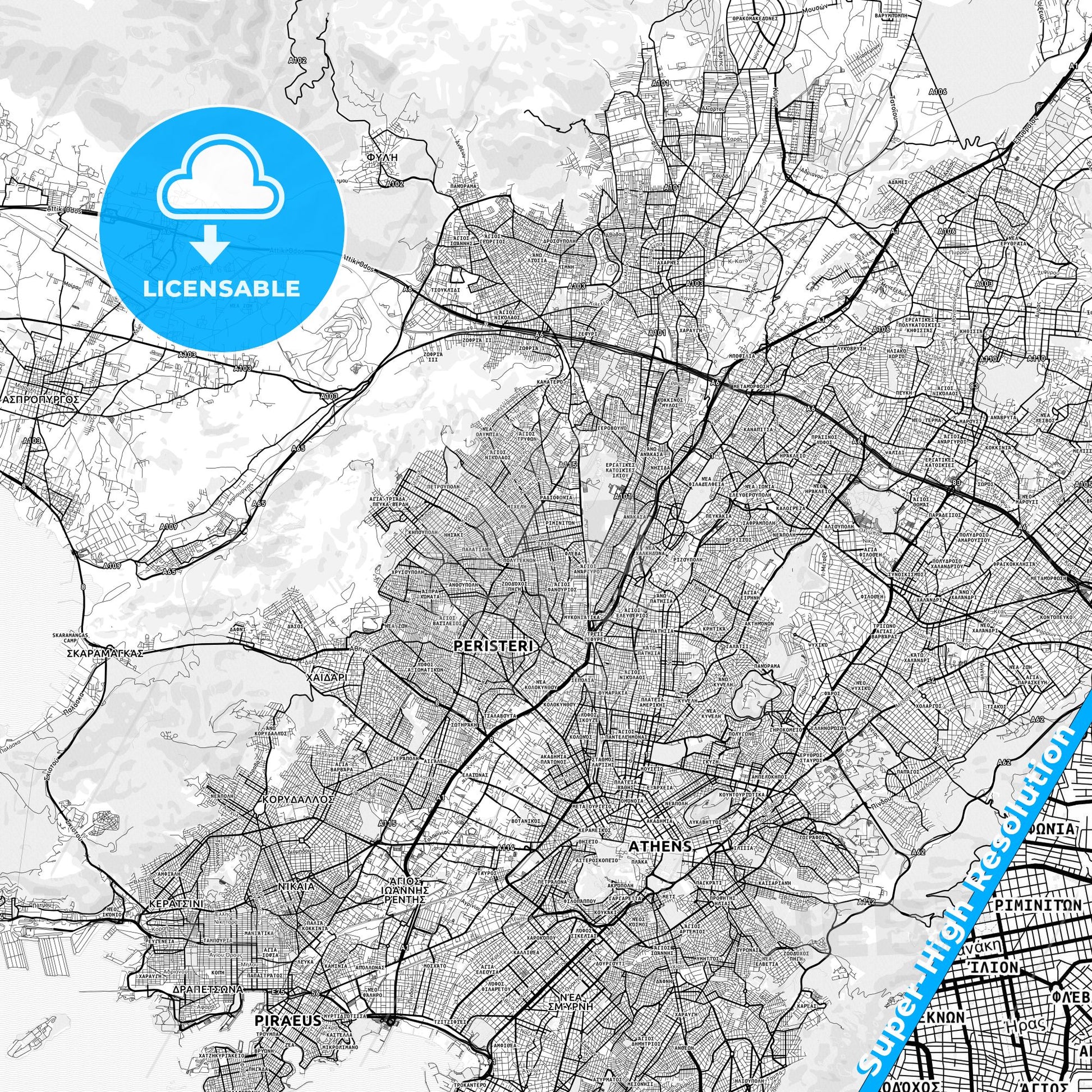 Ilio, Greece light map with streetnames, citynames and districts