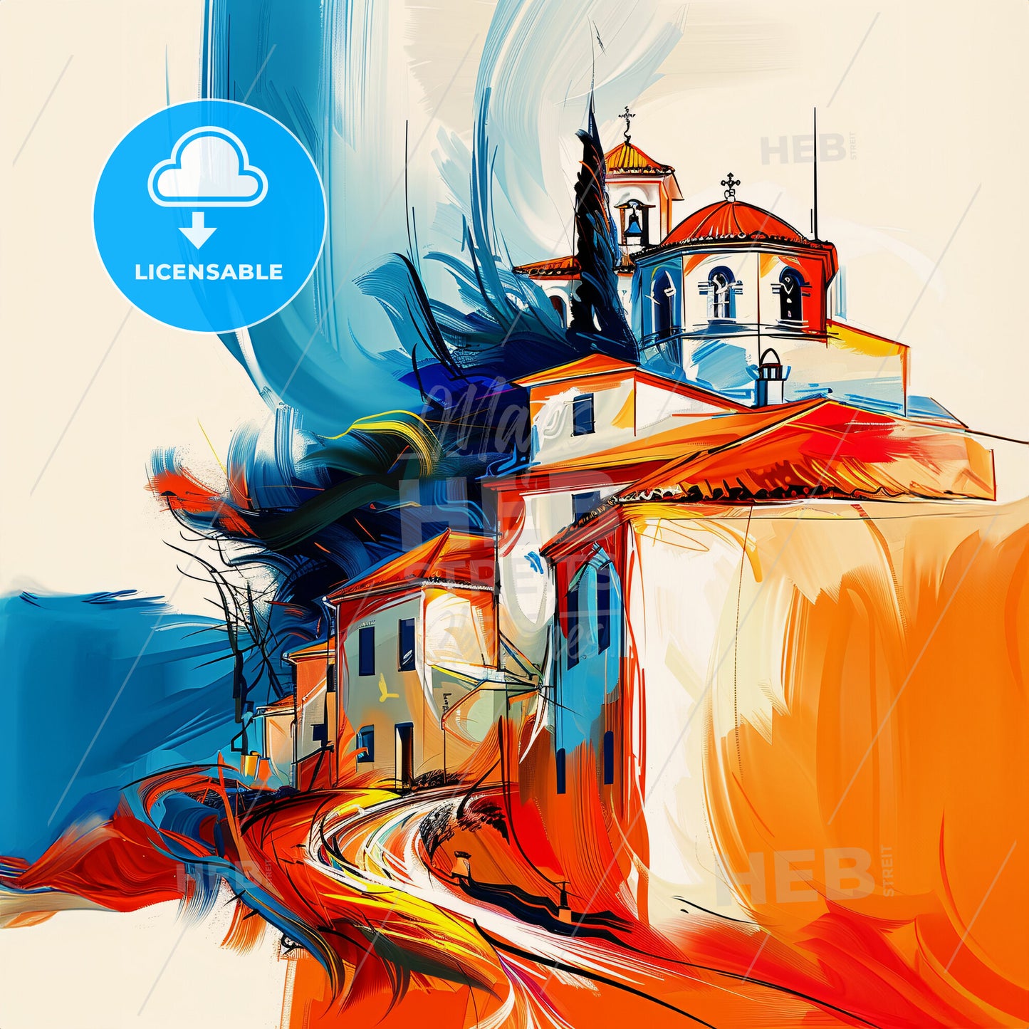 Vibrant Ilio, Greece - A Painting Of A Building