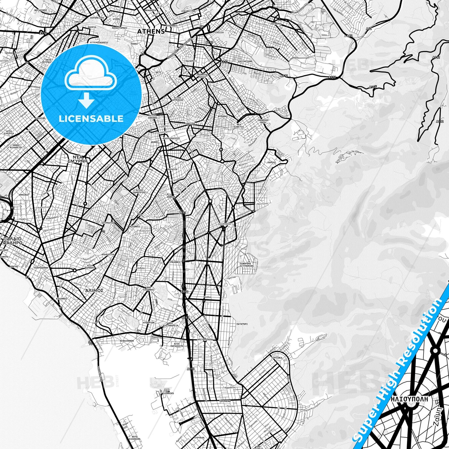 Ilioupoli, Greece Light Map with Street Names, City Names, and Districts