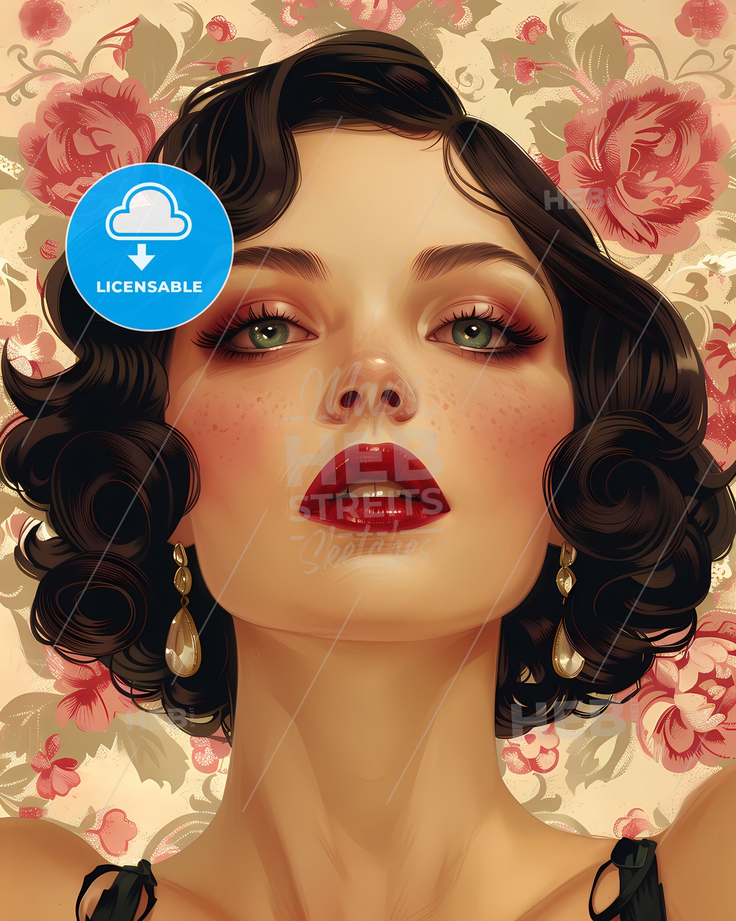 Art Deco Pin-Up Girl Portrait: Vintage Fashionable Starlet with Red Lipstick & Curly Hair