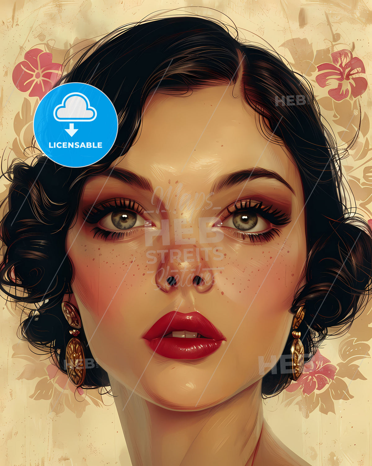 Vivid Vintage Portrait: Freckled Screen Starlet with Striking Red Lips, Art Deco Elegance