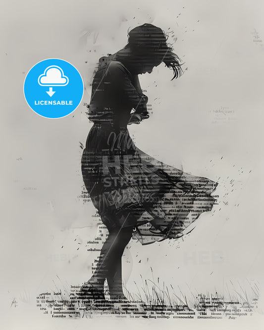 Artistic black and white full-body hug: vibrant minimalistic illustration of woman with short hair formed by handwritten text.