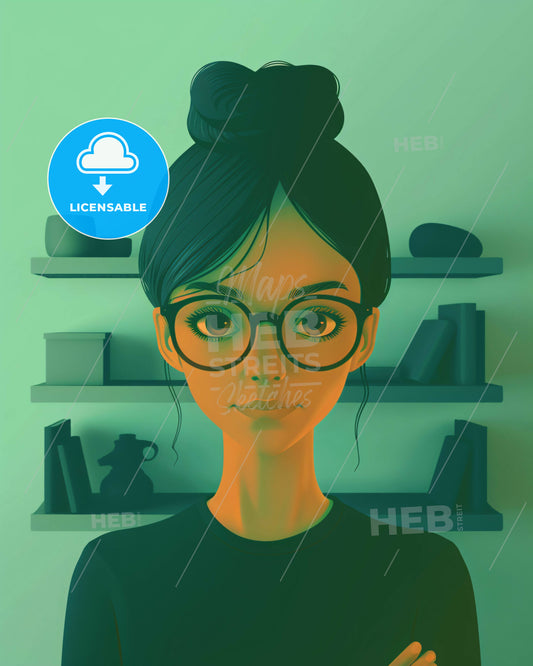 Beige Backdrop Graphic Girl Awkward Smile - A cartoon of a woman with glasses