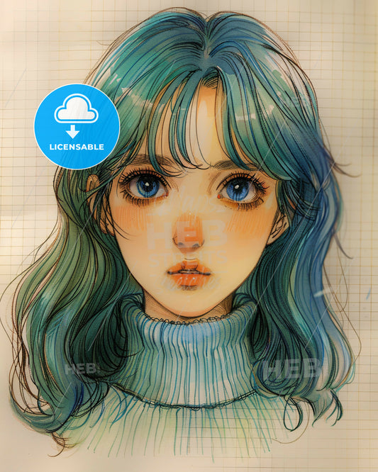 Beige Backdrop Girl Smiles Awkward - A drawing of a girl with blue hair