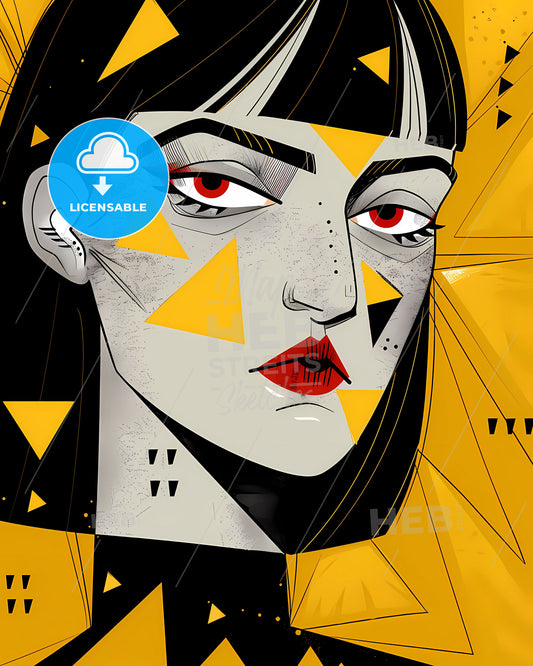 Expressive, Cartoonish Woman with Yellow Triangles: Bold Grotesque Caricature Art