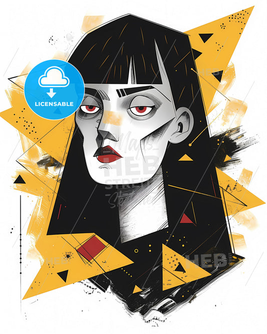 Boldly Grotesque Cartoon of Red-Eyed, Black-Haired Girl with Vibrant Yellow Triangles