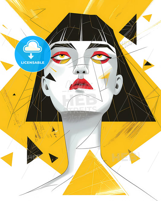 Playful Cartoon Illustration: Grotesque Woman with Yellow Triangles, Expressive Character, Bold Linework, Vibrant Art