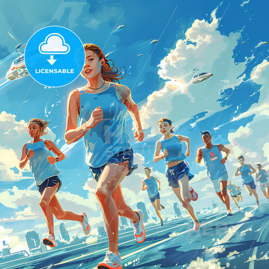 Vibrant Artistic Running Group in Blue: Blue Sky, T-shirts, and Shorts