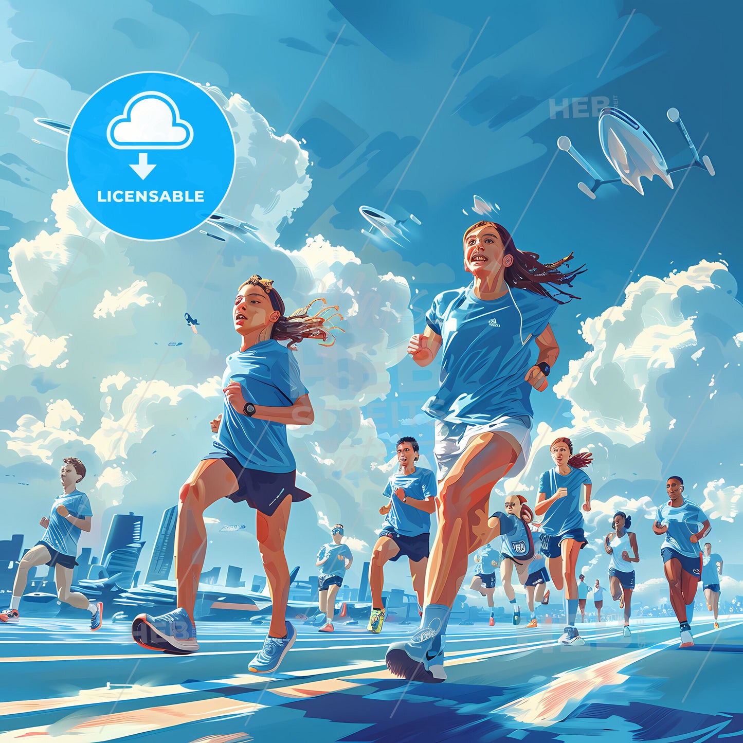 Dynamic painting of young runners in blue against vibrant sky, featuring a group of people in a spirited race