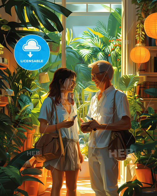 Thrilling Adventure Tour Consultation: Wealthy Asian Couple Chats with Travel Agent Surrounded by Verdant Plants