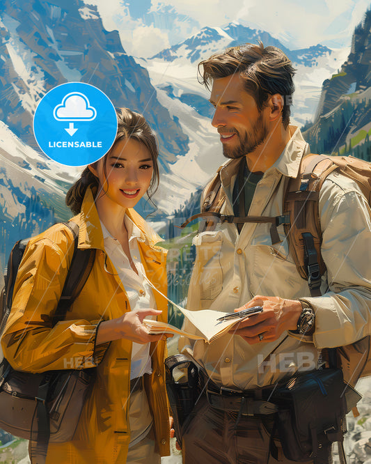 Asian Couple Adventure Travel Tour Agent Mountains Vibrant Painting Art