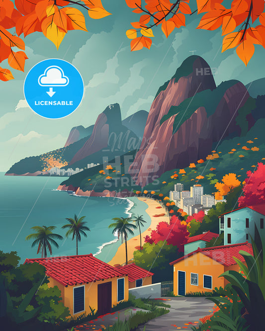 Vibrant Beach Painting: Minimalist Rio de Janeiro Landscape with Buildings and Mountains