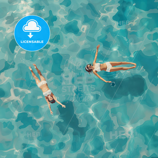 illustration of two people floating on their back in a blue pool - A couple of women in a pool