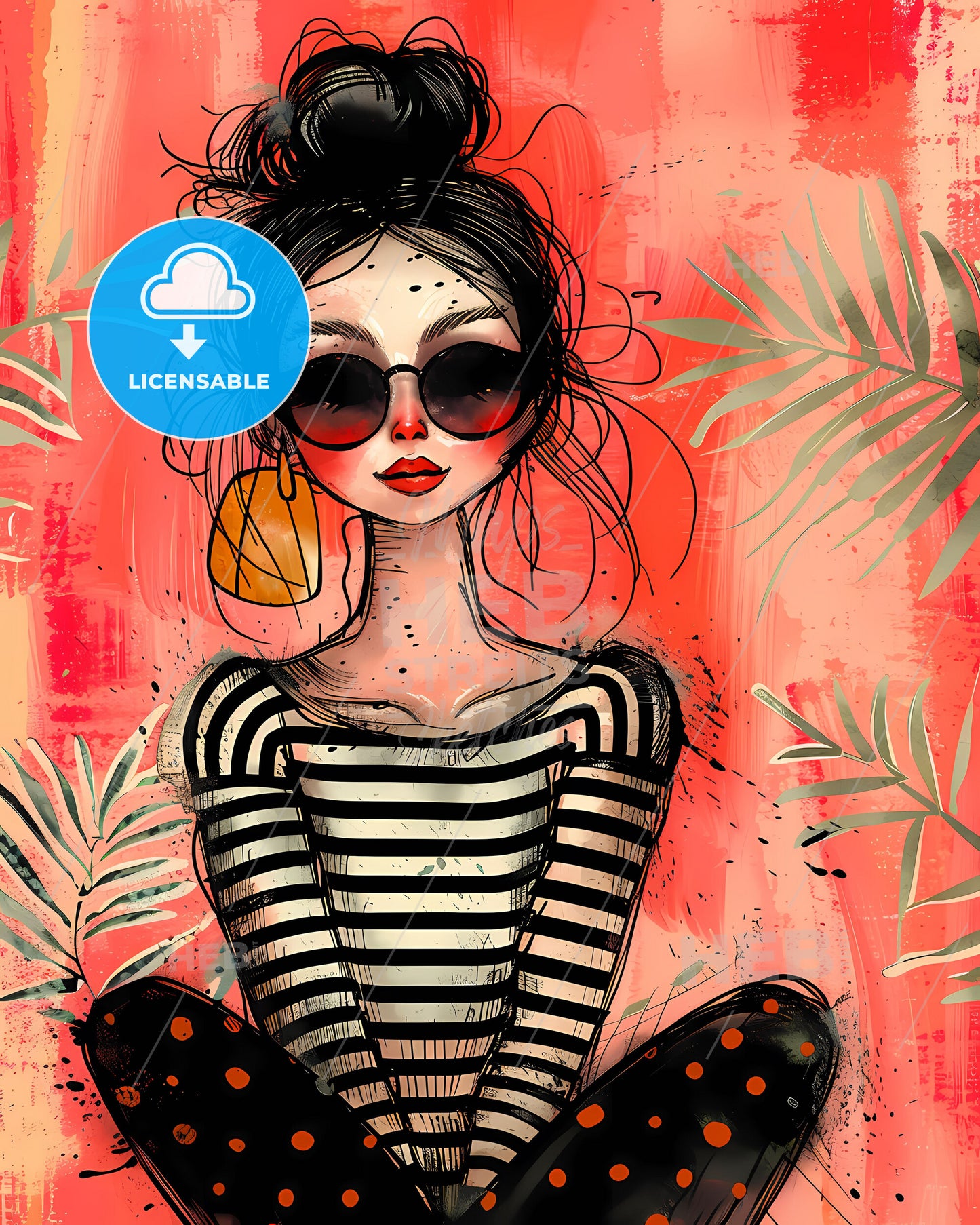 Vibrant Quirky Painting: Trendy Art Featuring Woman in Sunglasses and Striped Shirt