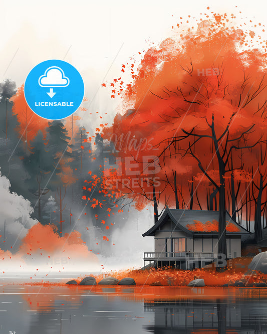 House on Hill with Vibrant Smoke Detail, Surrounded by Trees and Cycles, Clean Minimalist Painted Background