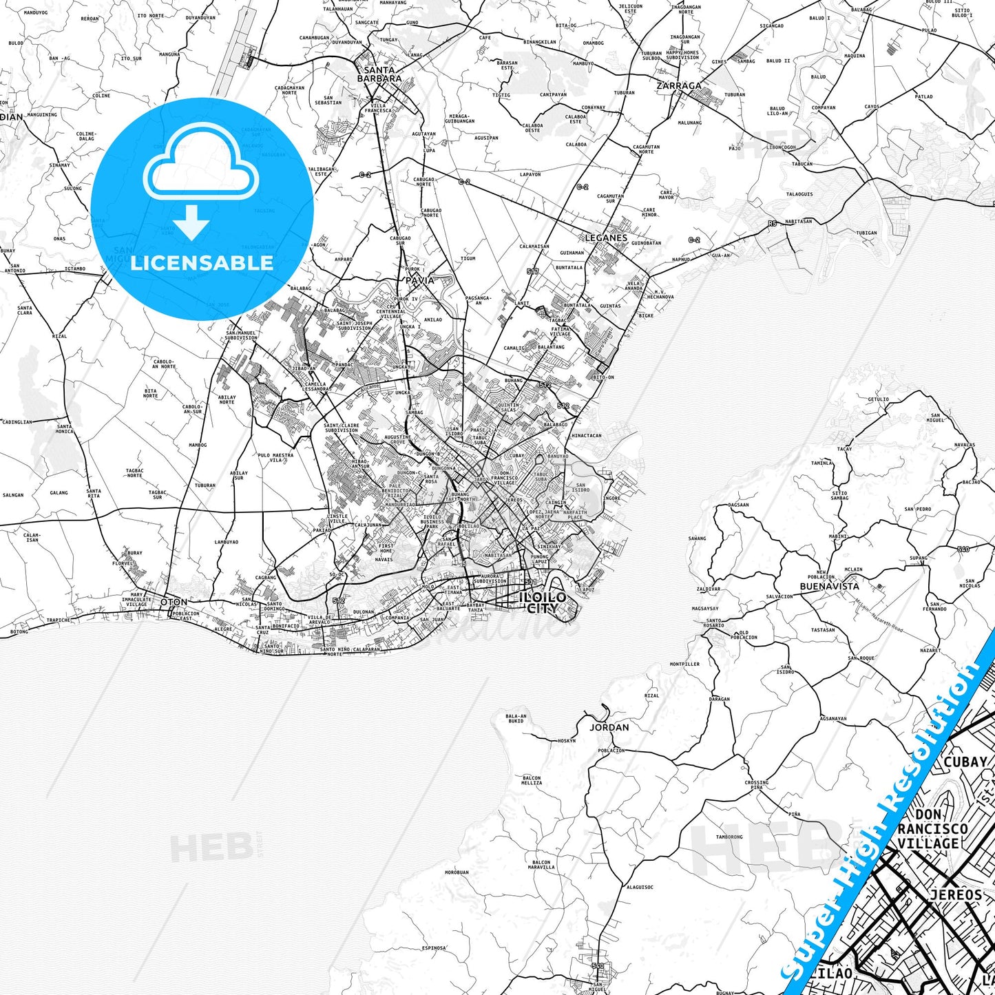 Iloilo City, Philippines light map with streetnames, citynames and districts