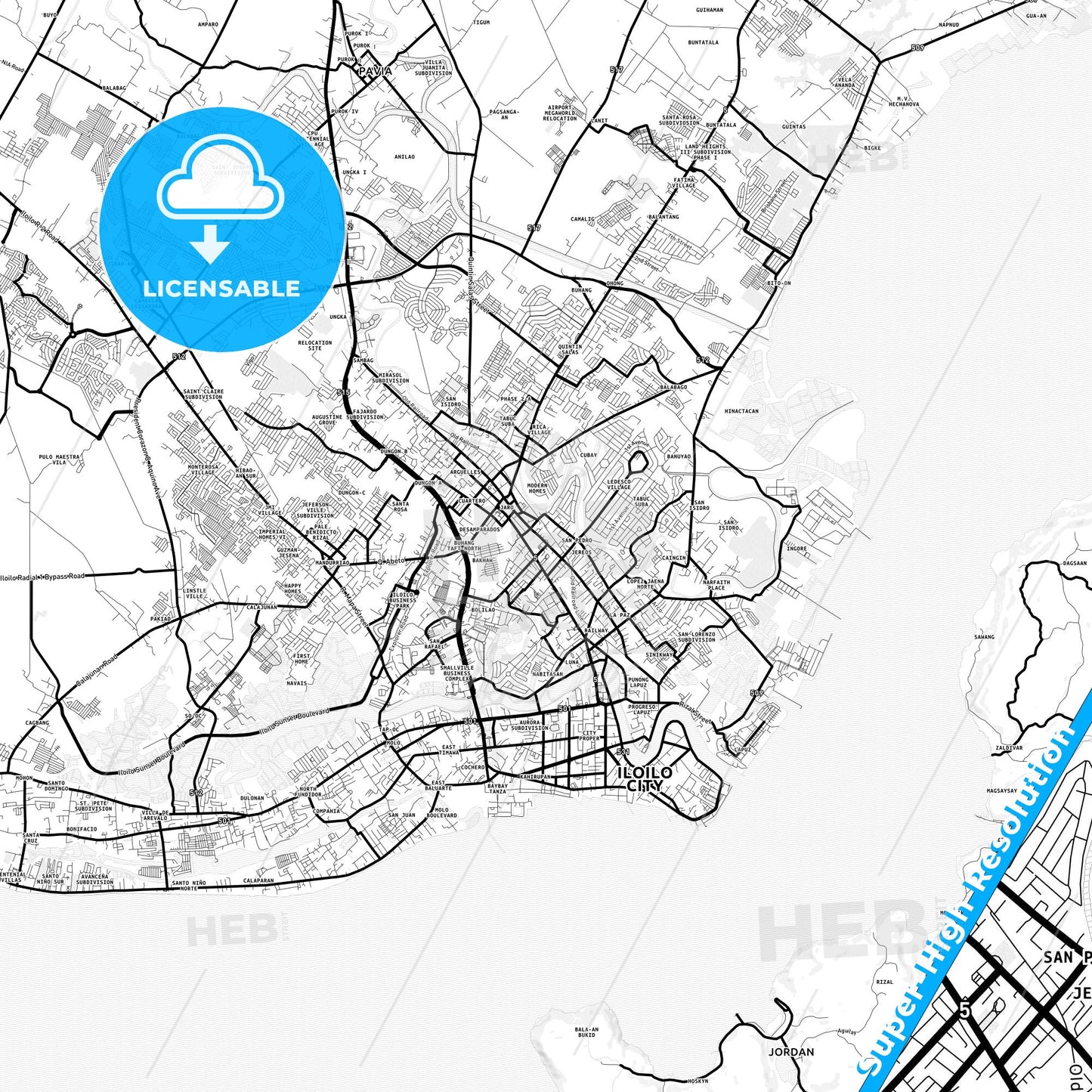 Iloilo City, Philippines Light Map with Street Names, City Names, and Districts