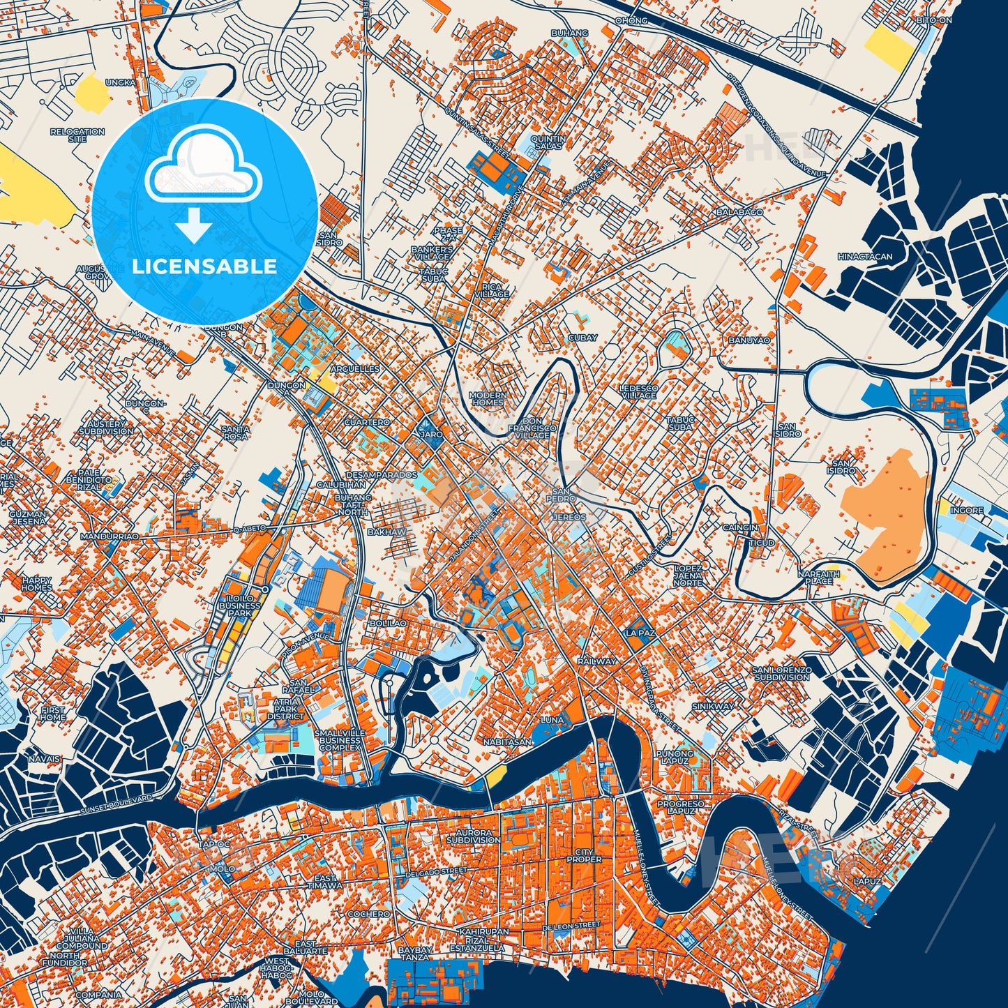 Colorful Iloilo City Street Map with Labels and Buildings