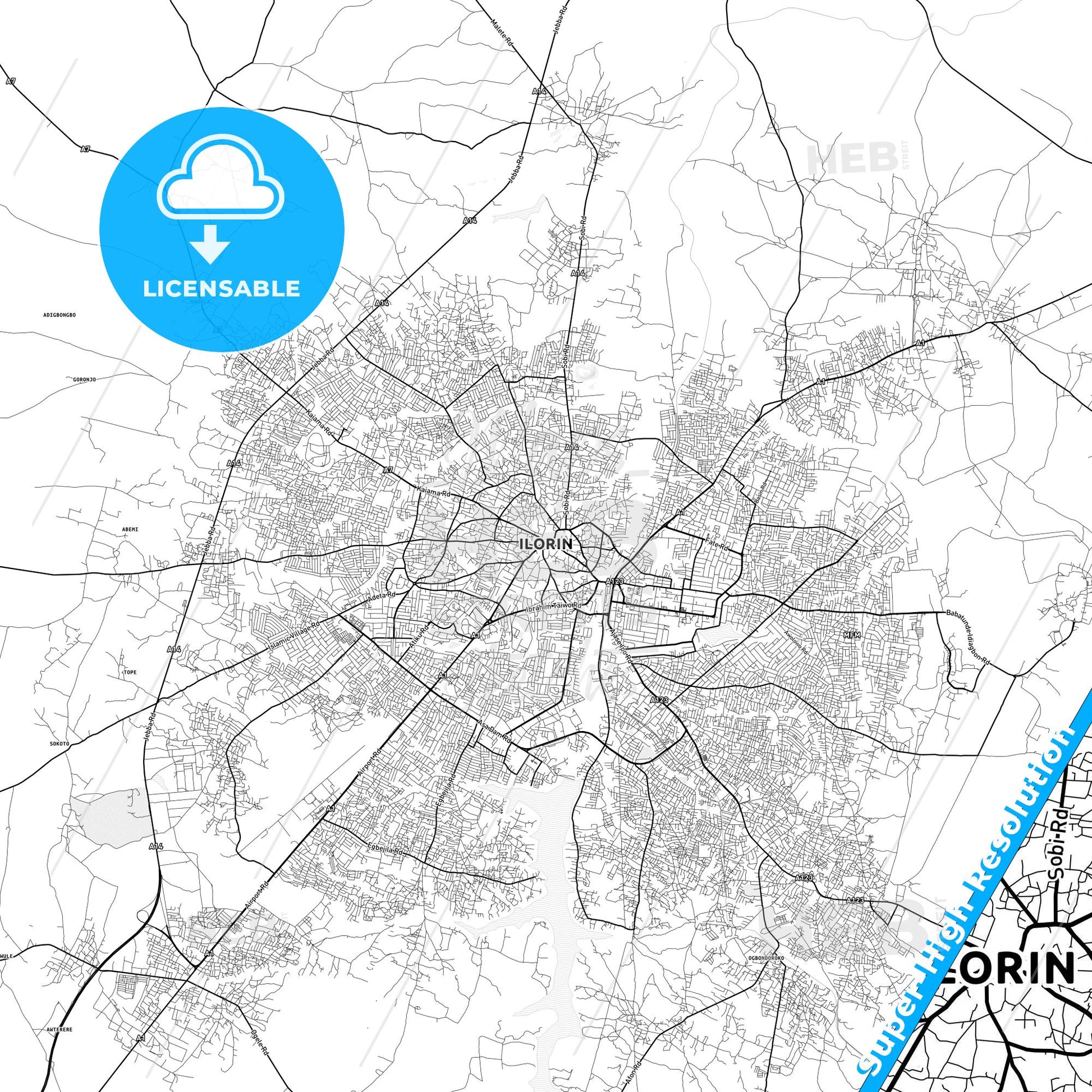 Ilorin, Nigeria light map with streetnames, citynames and districts