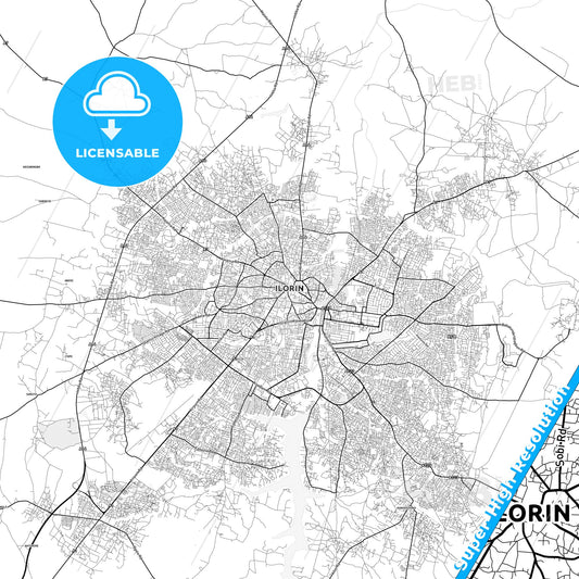 Ilorin, Nigeria light map with streetnames, citynames and districts