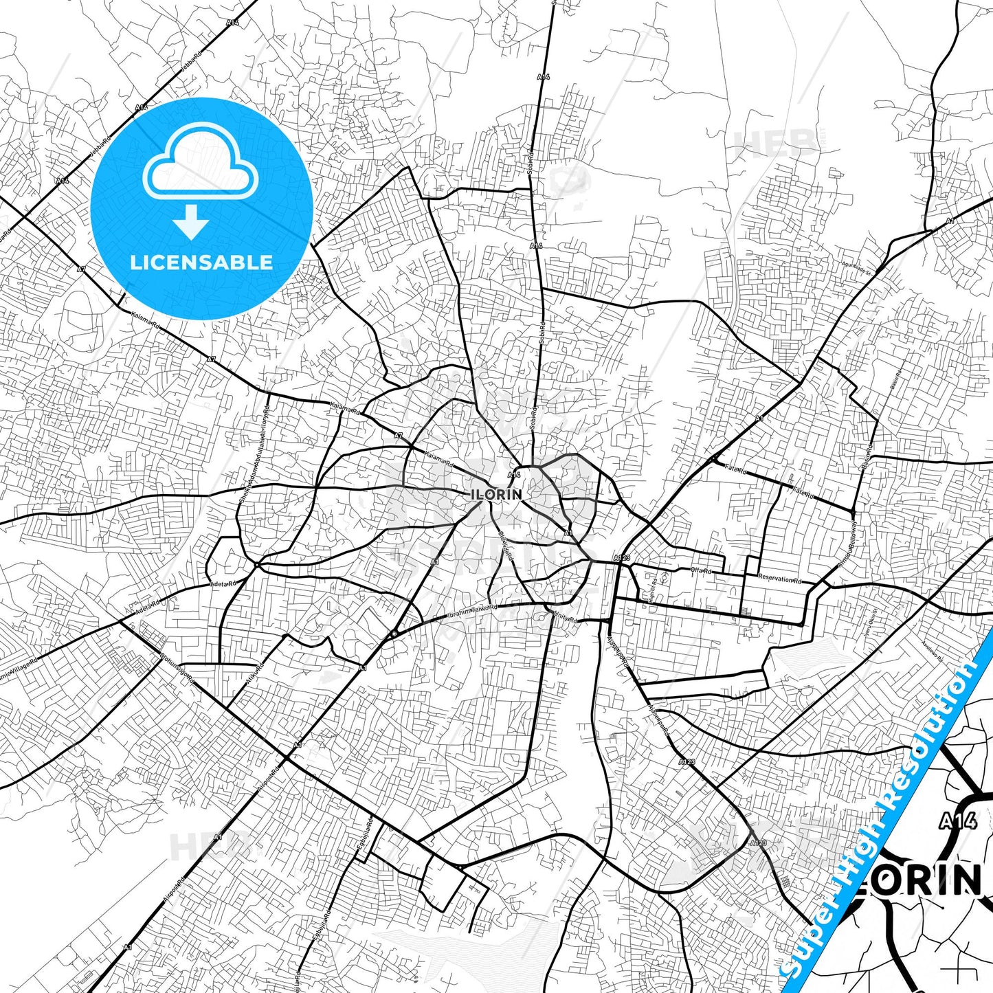 Ilorin, Nigeria Light Map with Street Names, City Names, and Districts