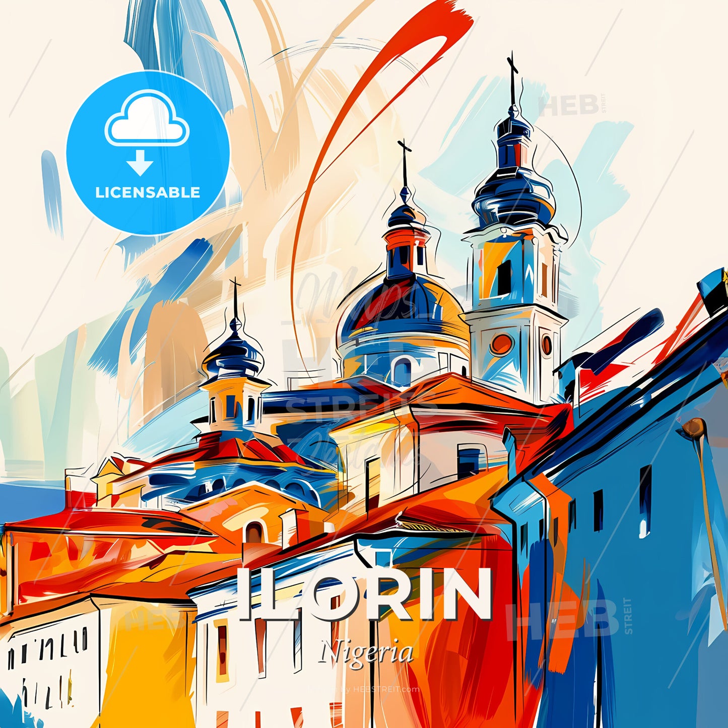 Vibrant Ilorin, Nigeria - A Painting Of A Skyline With A Colorful Building - Square format print template