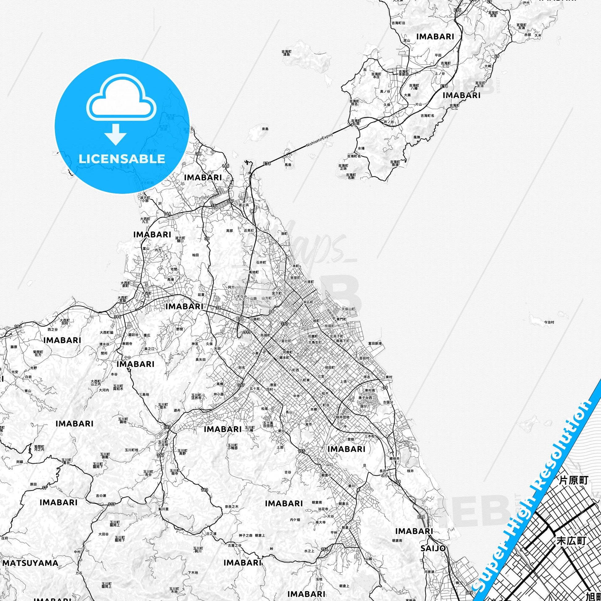 Imabari, Japan light map with streetnames, citynames and districts