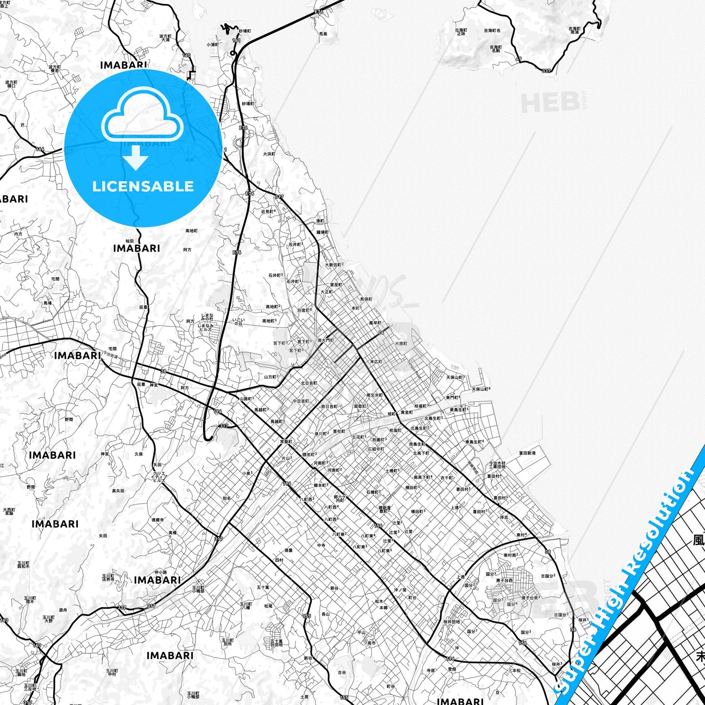 Imabari, Japan Light Map with Street Names, City Names, and Districts