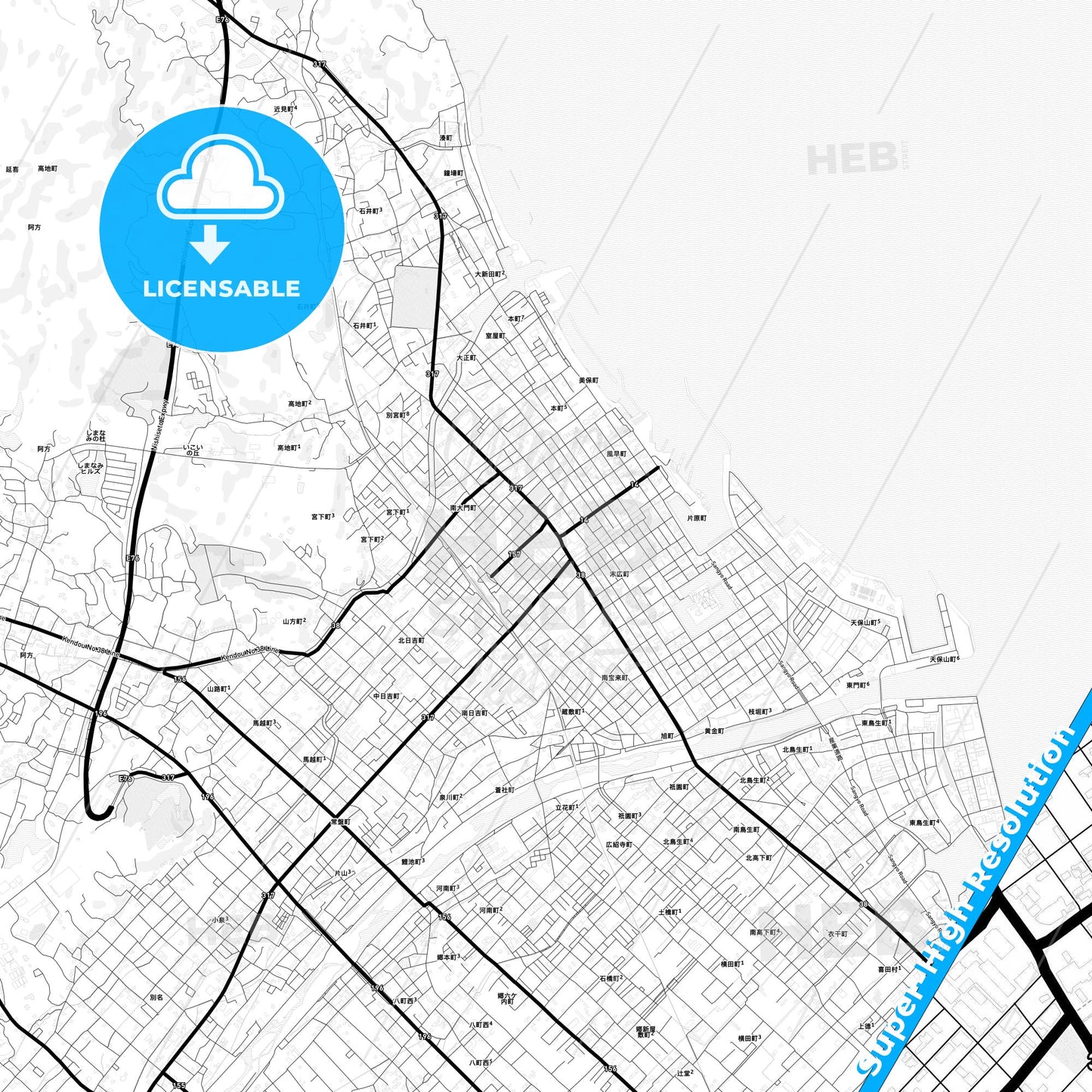 Imabari, Japan Light Map with Street Names, City Names, and Districts