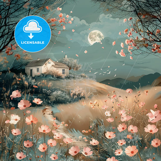 A Painting Of A House And Flowers