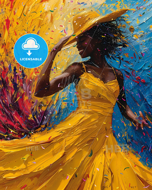 Immerse Yourself in the Painted Carnival: Vibrant Brazilian Woman Dancing in Yellow Dress and Hat