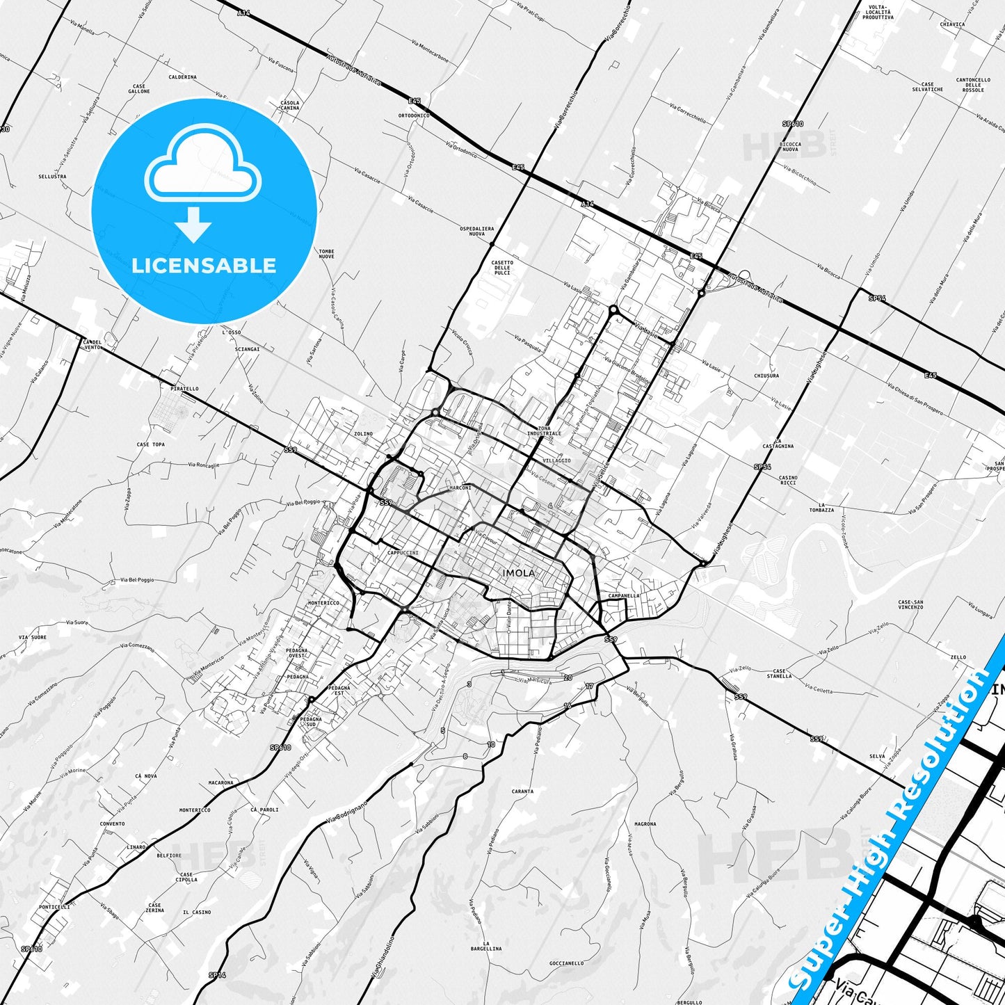 Imola, Italy Light Map with Street Names, City Names, and Districts