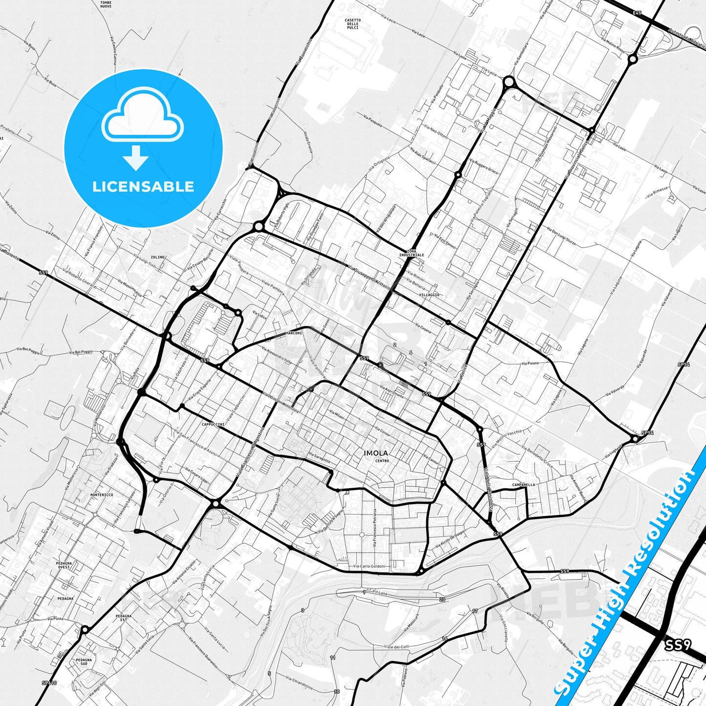 Imola, Italy Light Map with Street Names, City Names, and Districts