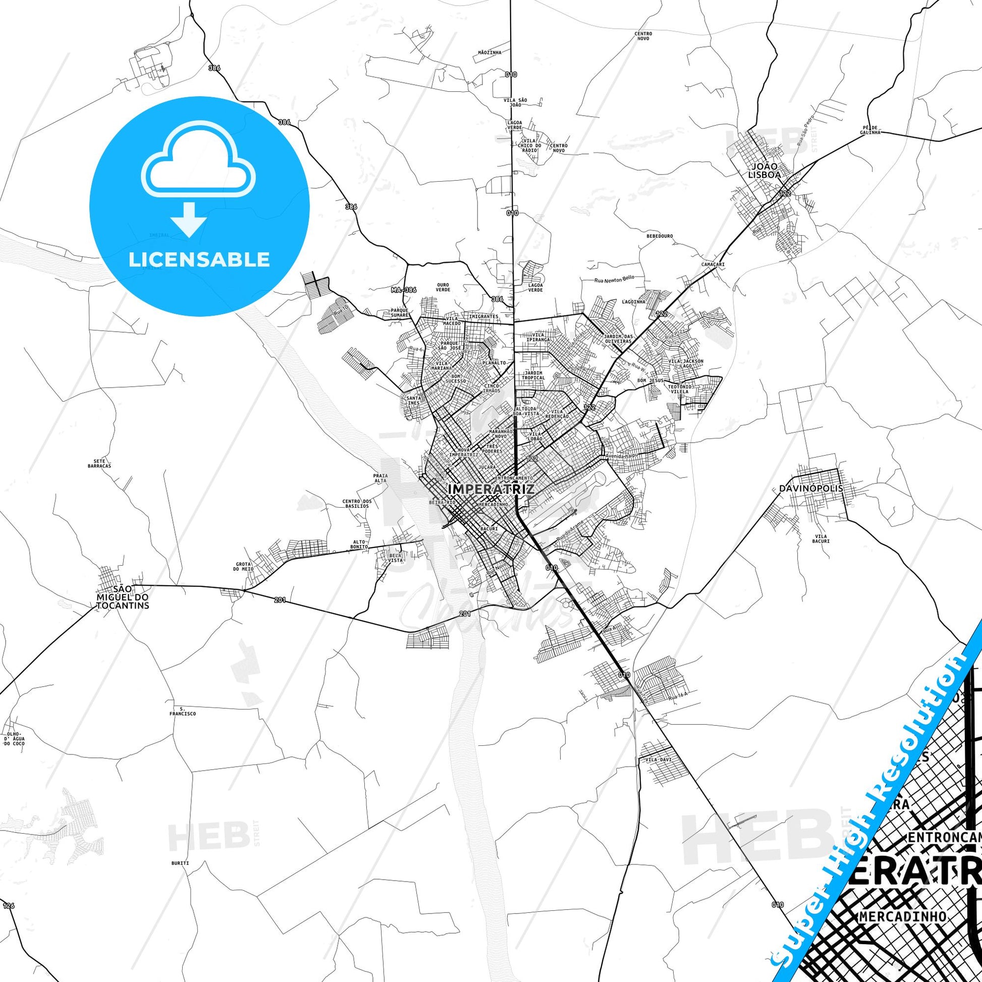 Imperatriz, Brazil light map with streetnames, citynames and districts