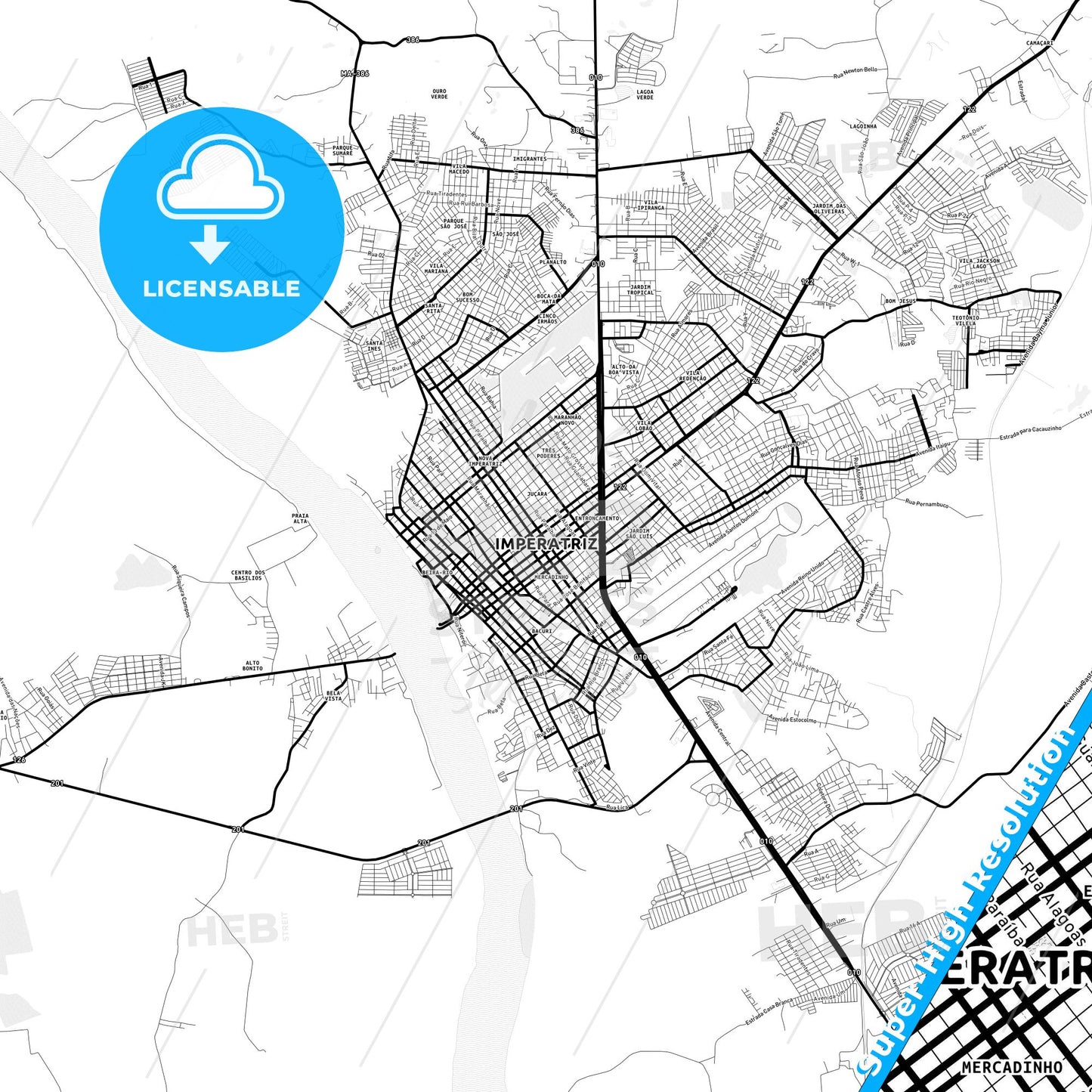 Imperatriz, Brazil Light Map with Street Names, City Names, and Districts