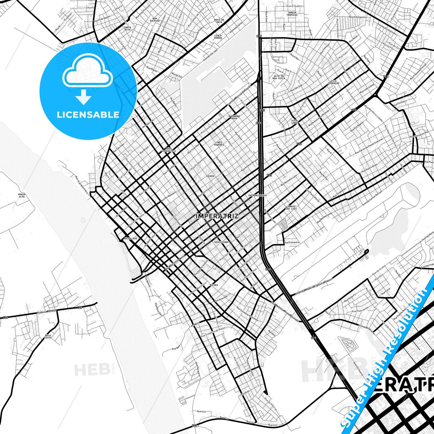 Imperatriz, Brazil Light Map with Street Names, City Names, and Districts