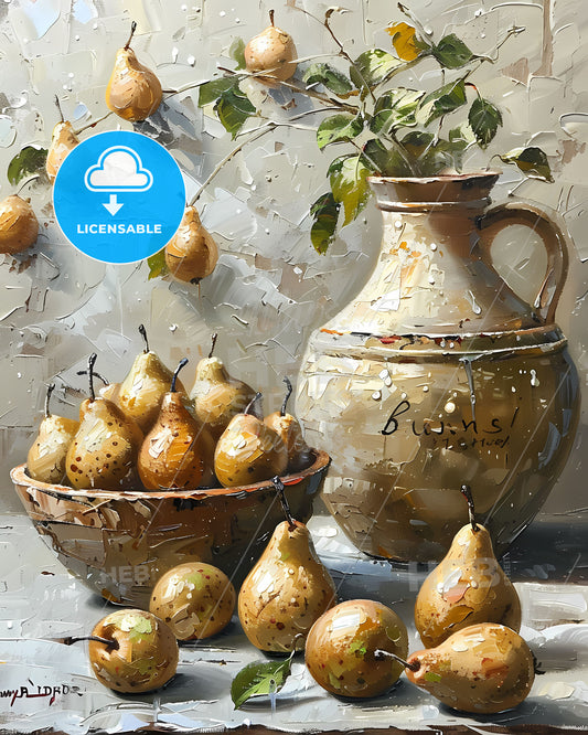 Impressionistic Pears on Counter in Rustic Bowl, Muted Colors, Dynamic Composition, Oil Painting Art