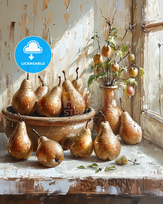 Impressionist Art Oil Painting of Pears on Kitchen Countertop in Rustic Clay Bowl with Neutral Colors and White Background
