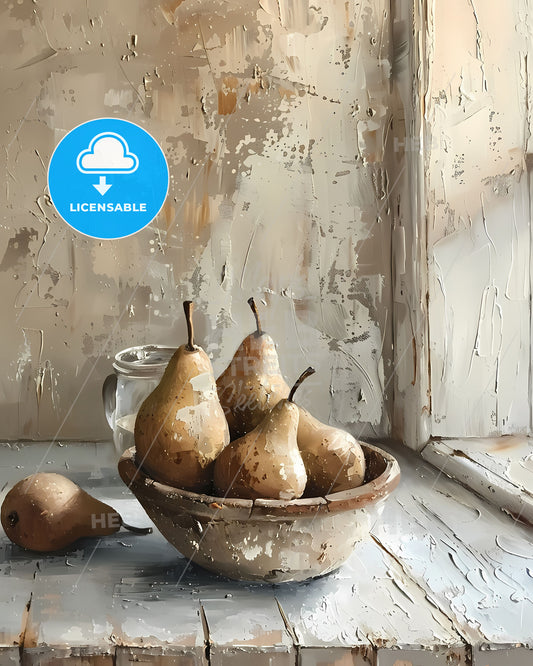 Impressionist Oil Painting, Rustic Pears in Clay Bowl, Muted Colors, Dynamic Composition, Glass of Water, White Background