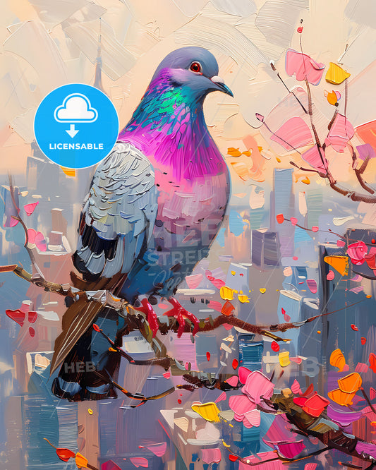 Impressionist Fine Art Painting of a Pigeon Sitting on a Branch, Vibrant Bird with Bold Colors